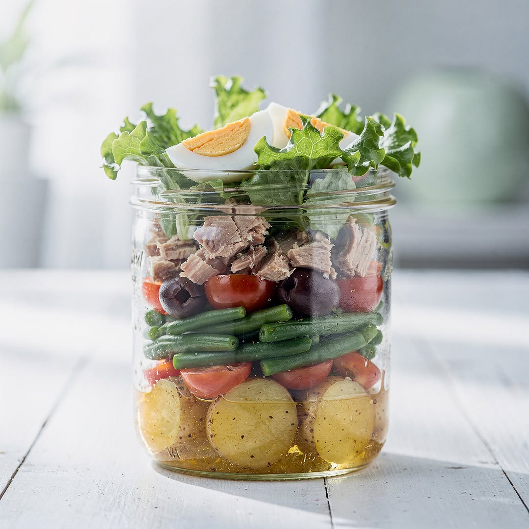 Nicoise mason jar salad with layers of vegetables